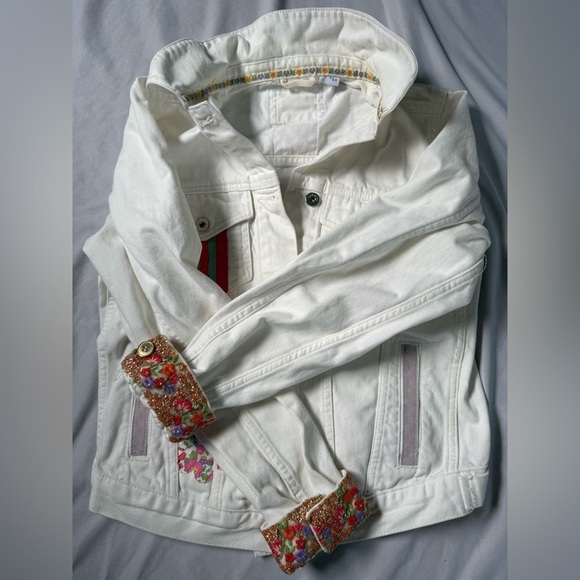 Collusion Denim Jacket Womens White Jean Embroidered Colorful OOAK Size 6 - Picture 6 of 9